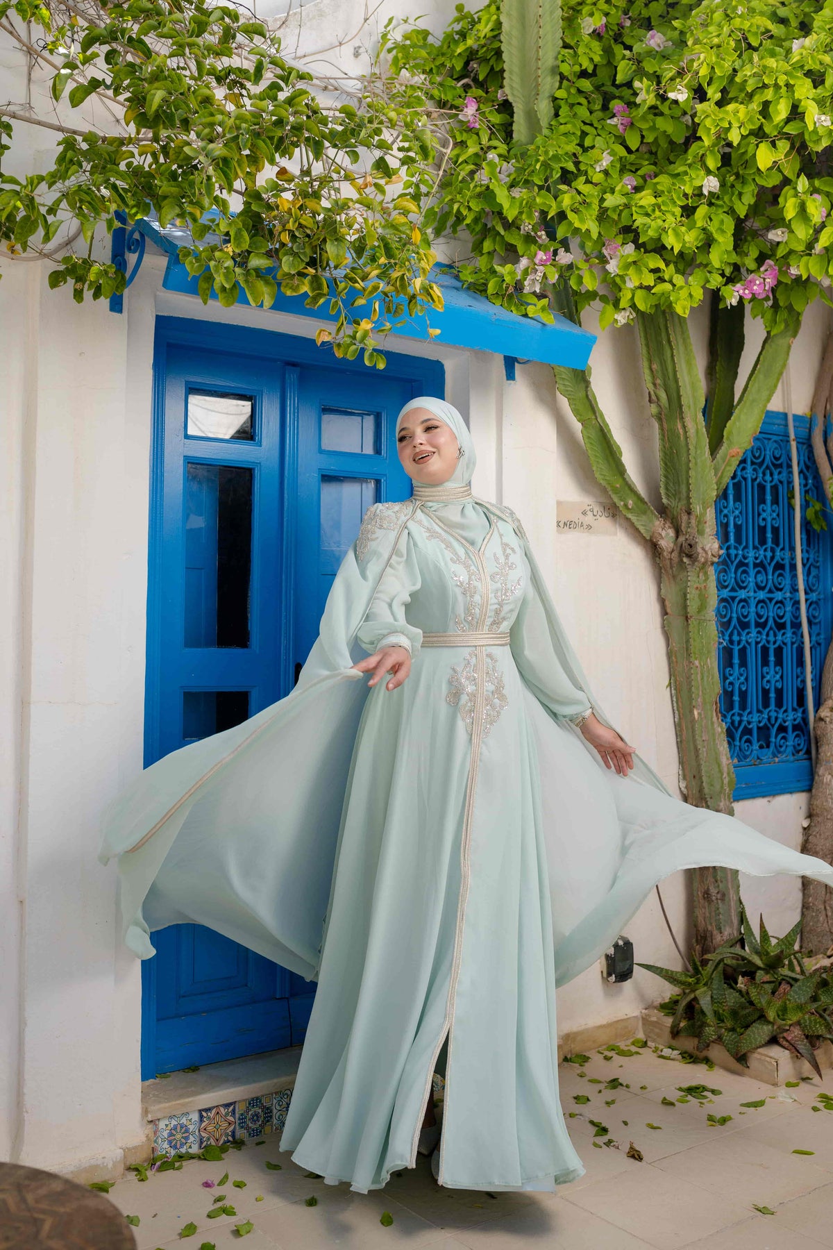Caftan avec Barnous vert d'eau
