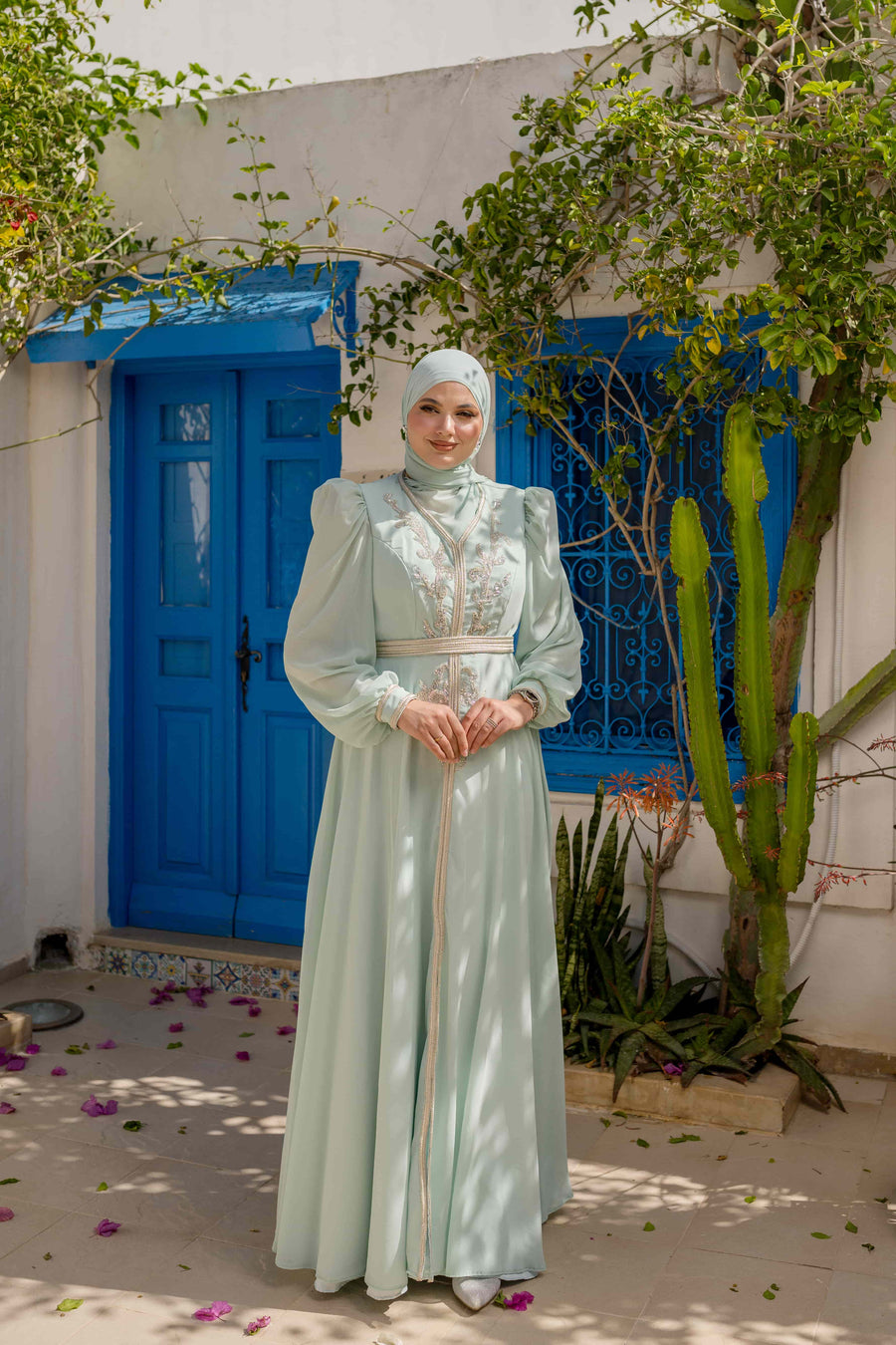 Caftan avec Barnous vert d'eau
