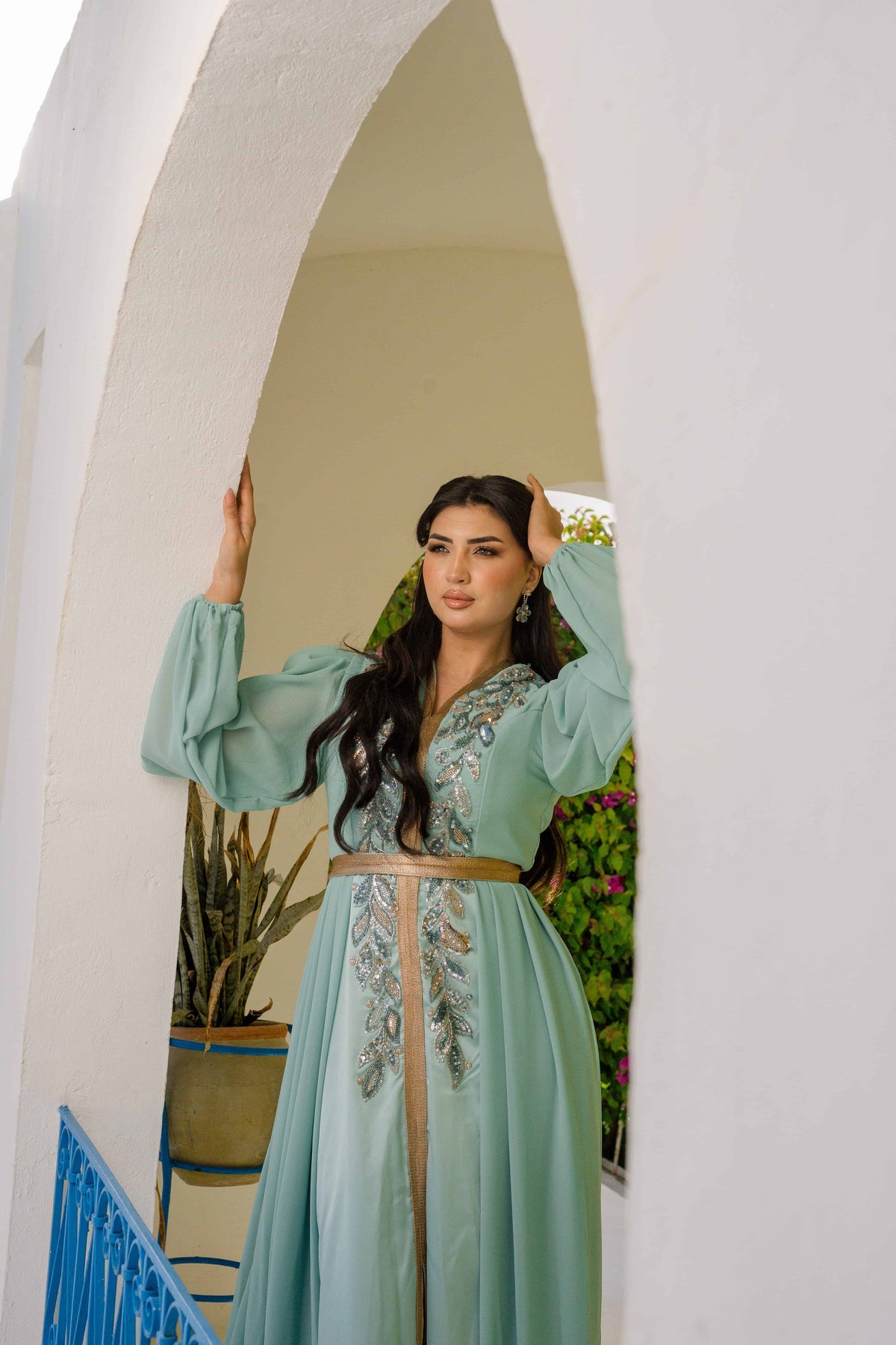 Caftan Satin et Mousseline Blue Turquoise