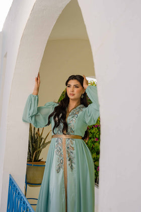 Caftan Satin et Mousseline Blue Turquoise