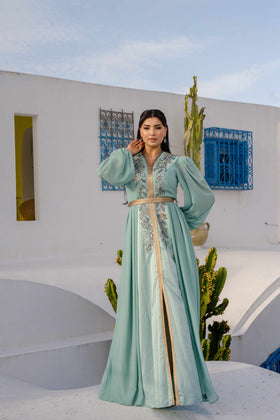 Caftan Satin et Mousseline Blue Turquoise