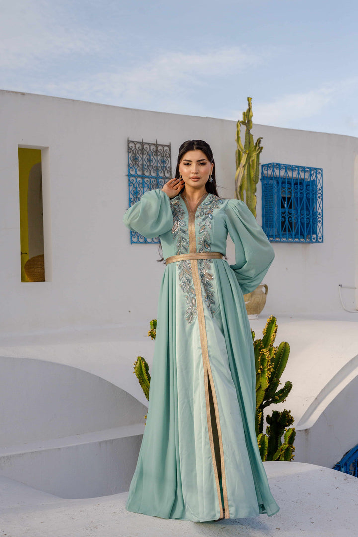 Caftan Satin et Mousseline Blue Turquoise