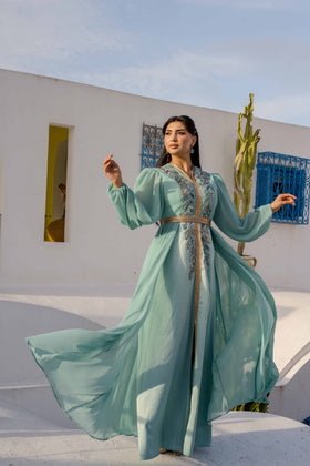 Caftan Satin et Mousseline Blue Turquoise