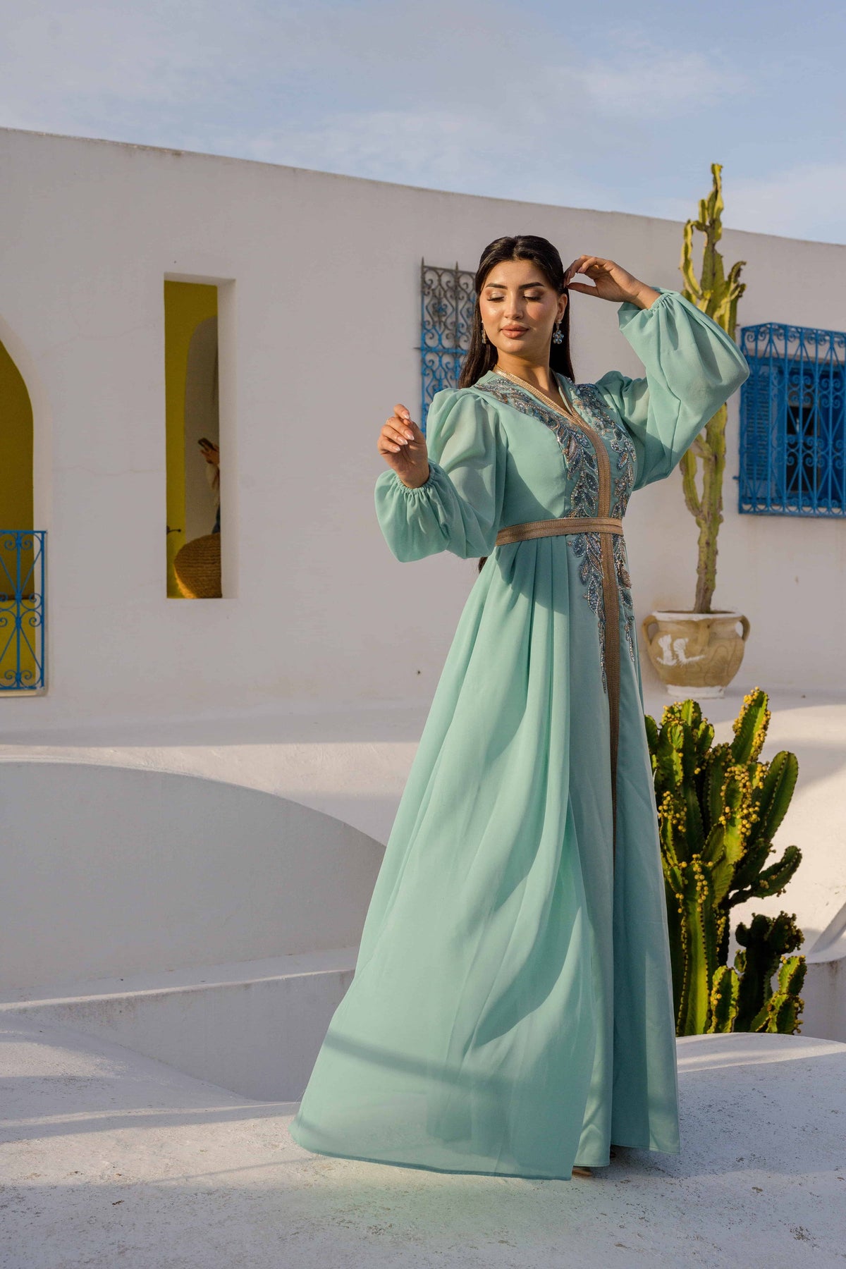Caftan Satin et Mousseline Blue Turquoise