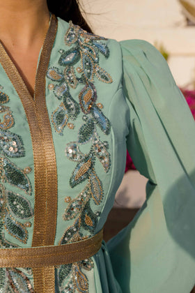 Caftan Satin et Mousseline Blue Turquoise
