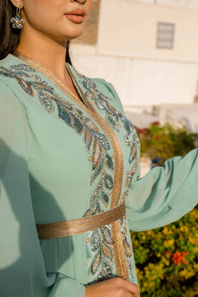 Caftan Satin et Mousseline Blue Turquoise