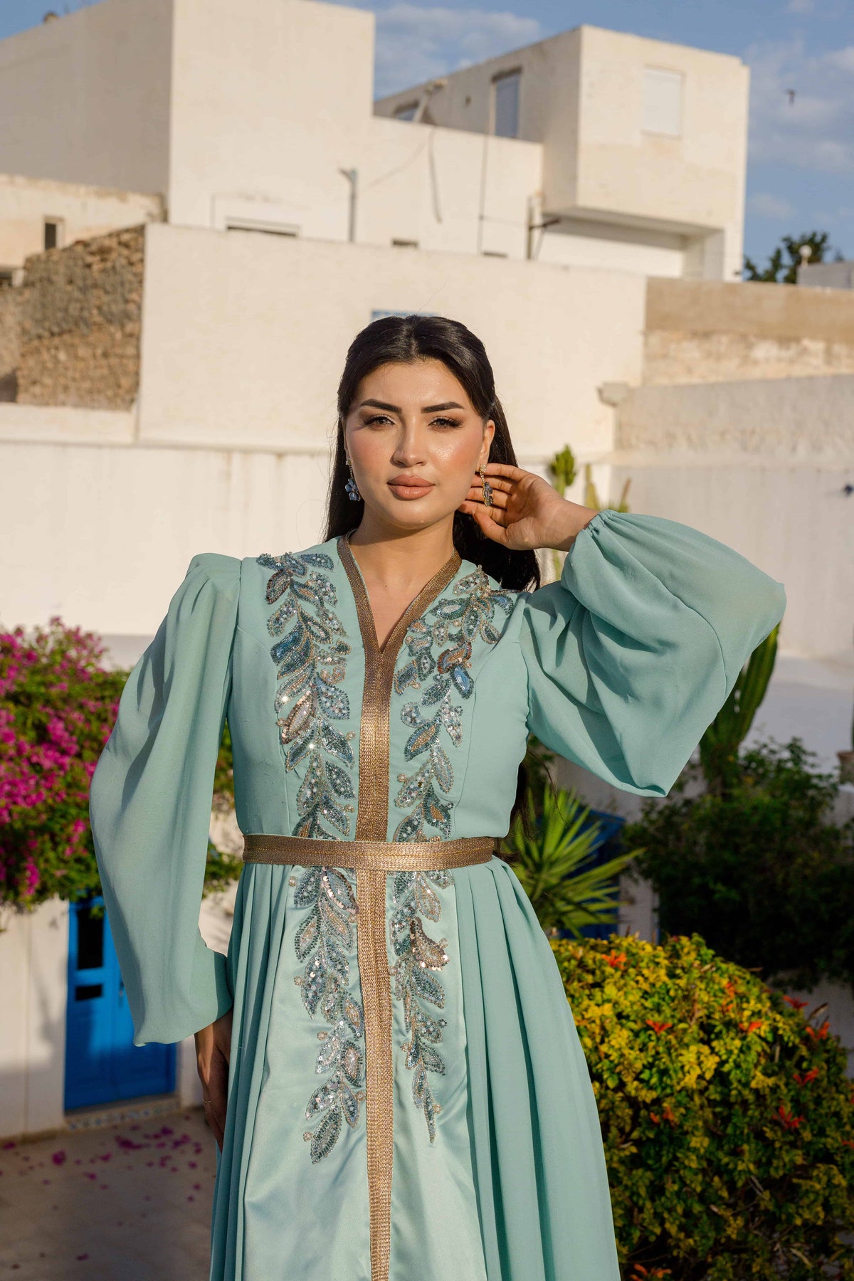 Caftan Satin et Mousseline Blue Turquoise