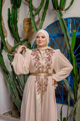 Caftan Satin et Mousline Beige