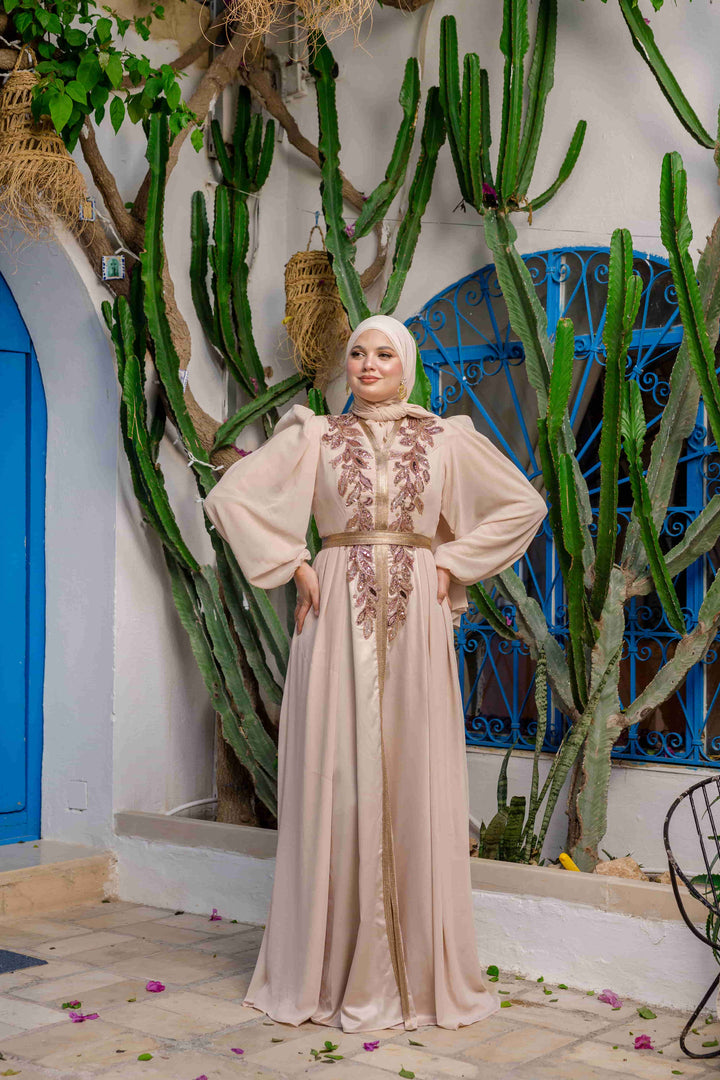 Caftan Satin et Mousline Beige