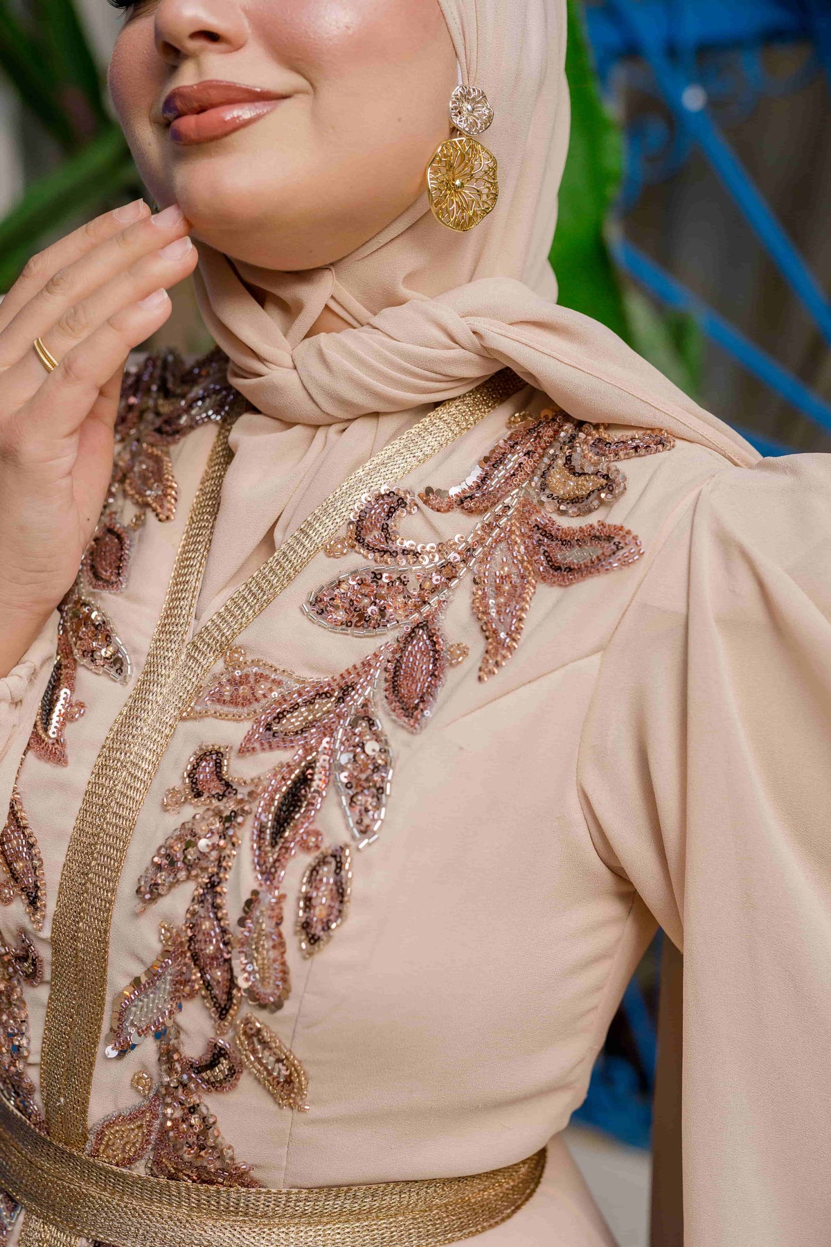 Caftan Satin et Mousline Beige