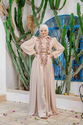 Caftan Satin et Mousline Beige