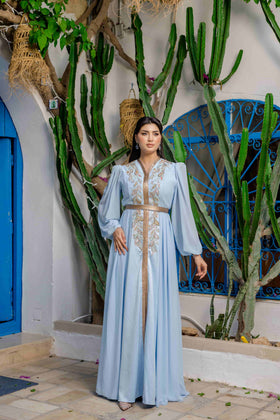Caftan Satin et Mousline Bleu ciel