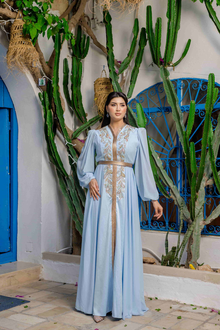 Caftan Satin et Mousline Bleu ciel