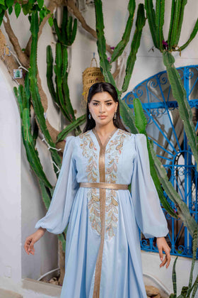 Caftan Satin et Mousline Bleu ciel