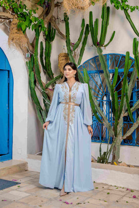 Caftan Satin et Mousline Bleu ciel