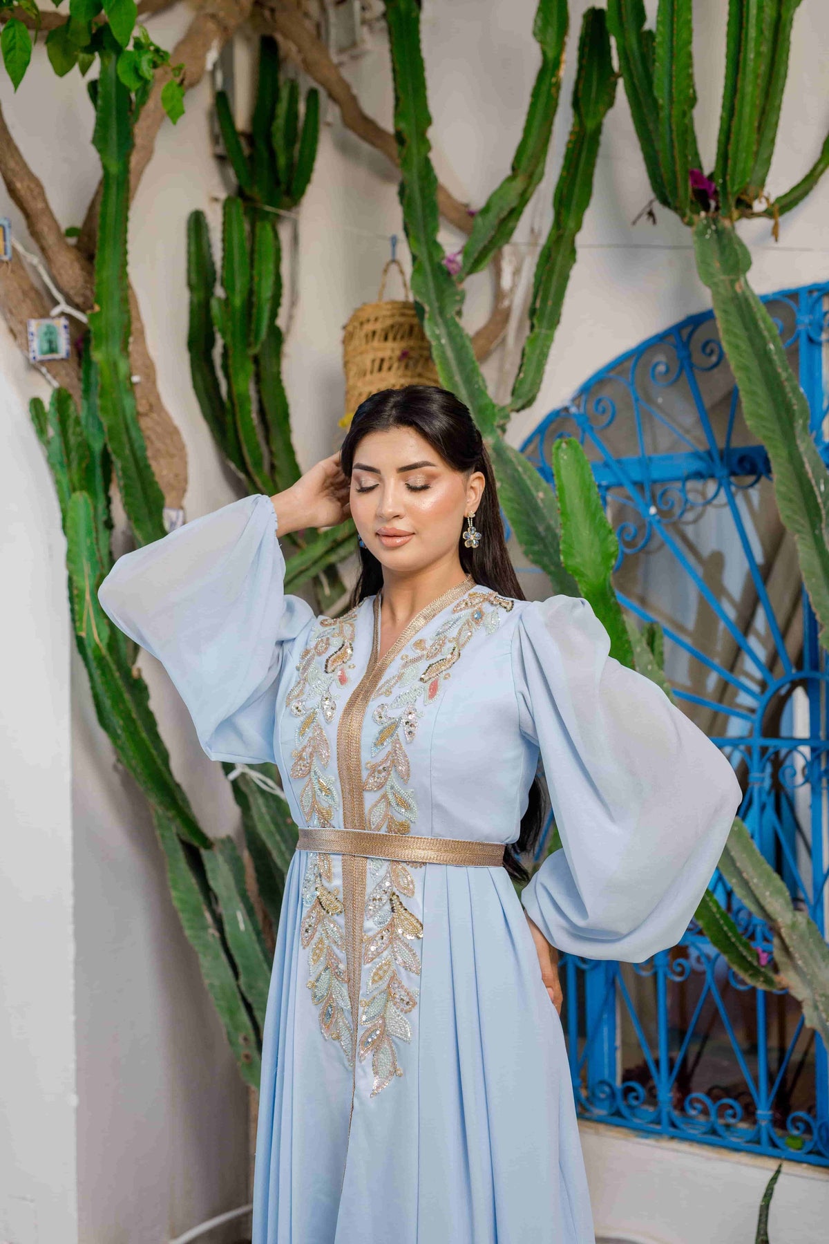 Caftan Satin et Mousline Bleu ciel