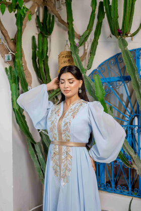 Caftan Satin et Mousline Bleu ciel
