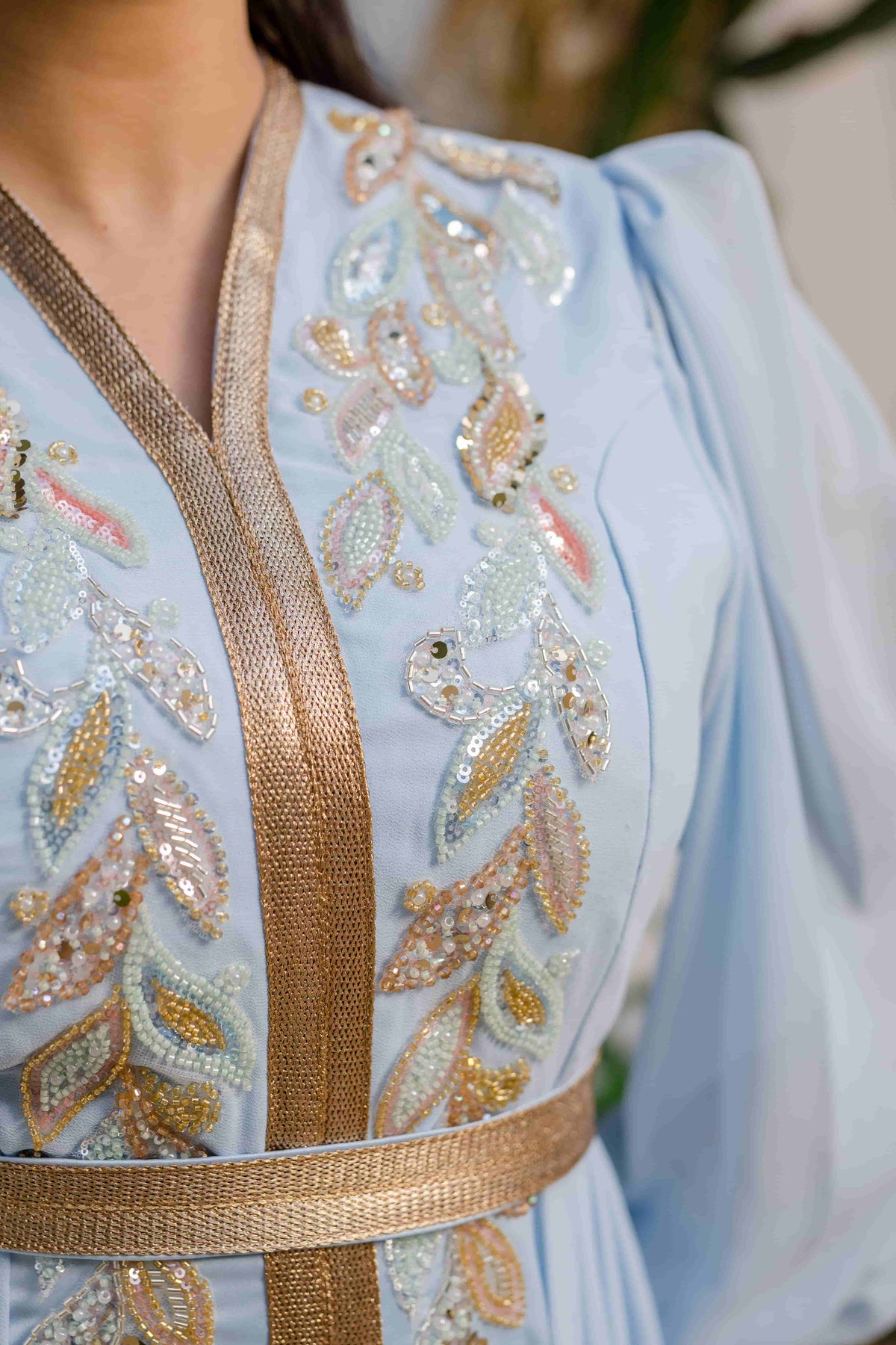 Caftan Satin et Mousline Bleu ciel
