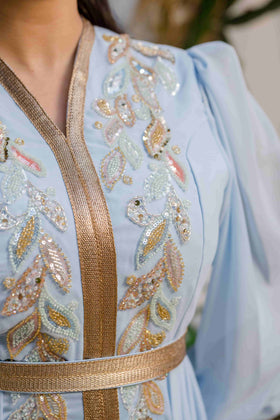 Caftan Satin et Mousline Bleu ciel