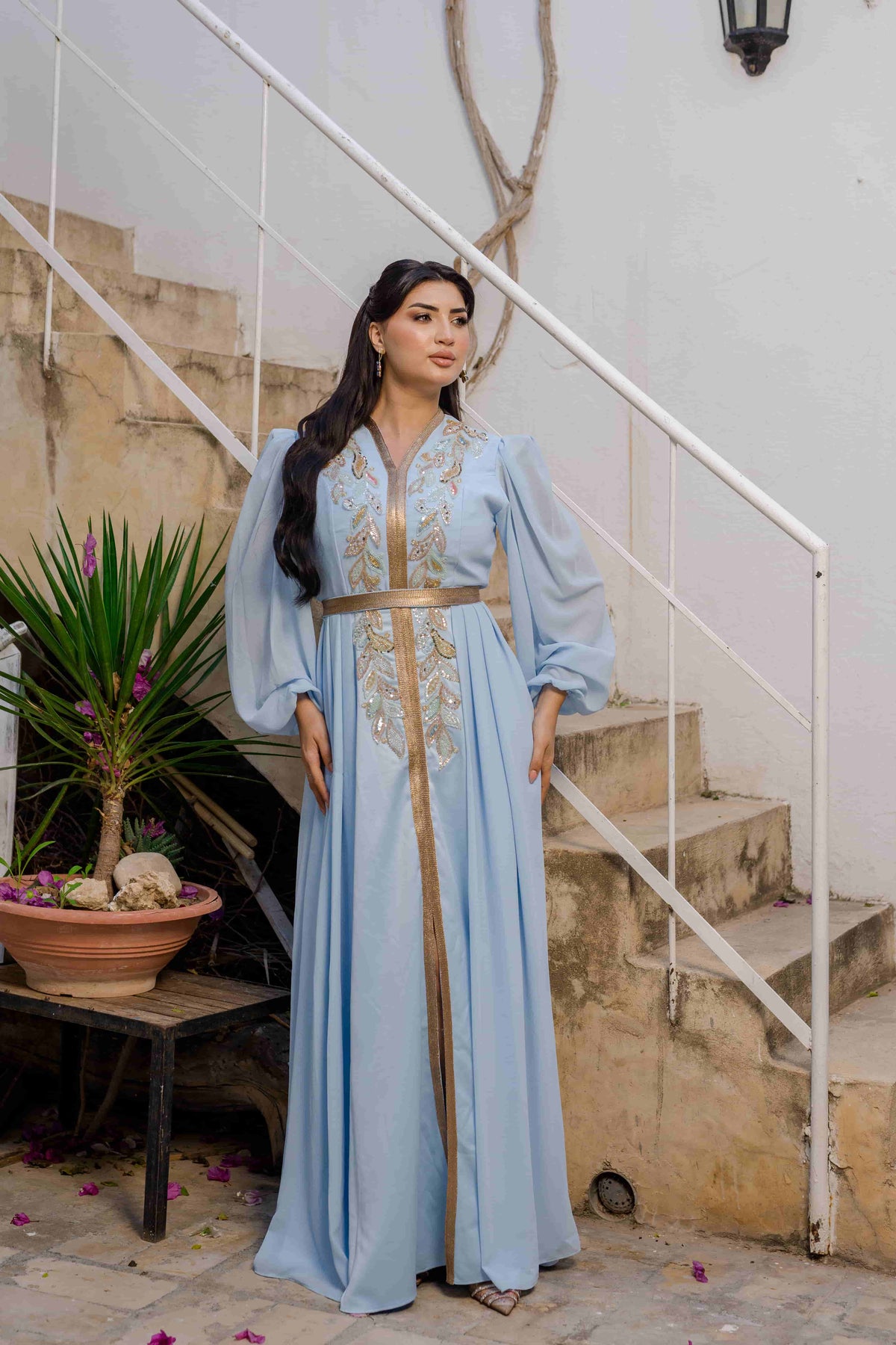 Caftan Satin et Mousline Bleu ciel