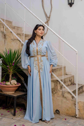 Caftan Satin et Mousline Bleu ciel