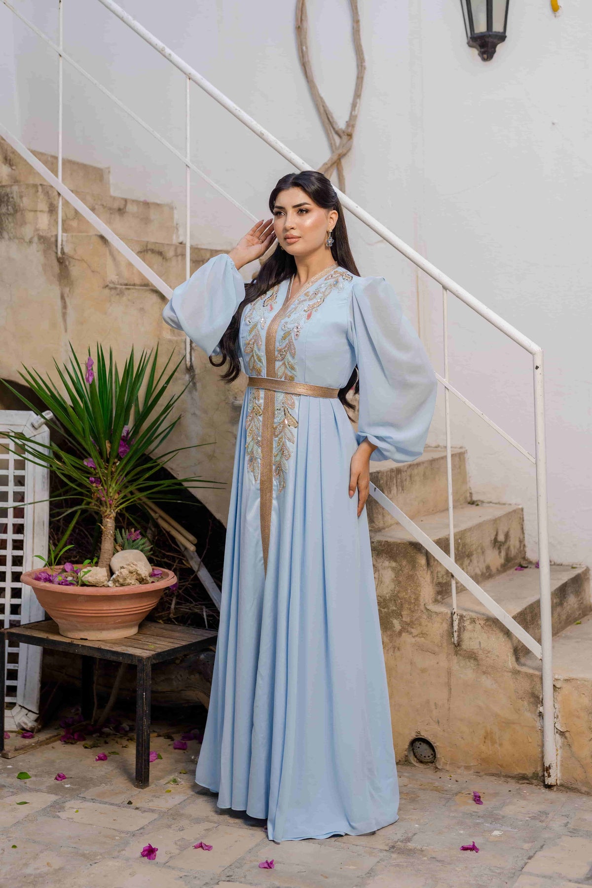Caftan Satin et Mousline Bleu ciel