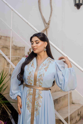 Caftan Satin et Mousline Bleu ciel