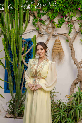 Caftan Satin et Mousline Jaune