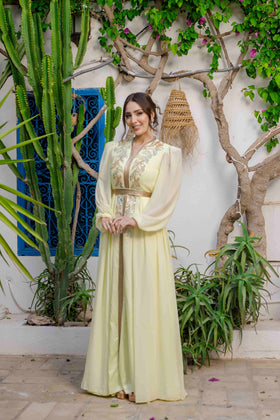 Caftan Satin et Mousline Jaune
