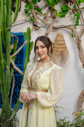 Caftan Satin et Mousline Jaune