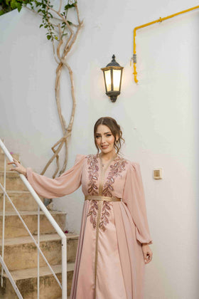 Caftan Satin et Mousline Rose Nude