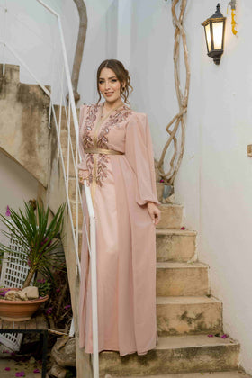 Caftan Satin et Mousline Rose Nude