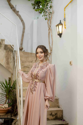 Caftan Satin et Mousline Rose Nude