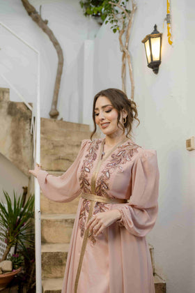 Caftan Satin et Mousline Rose Nude