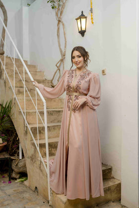 Caftan Satin et Mousline Rose Nude