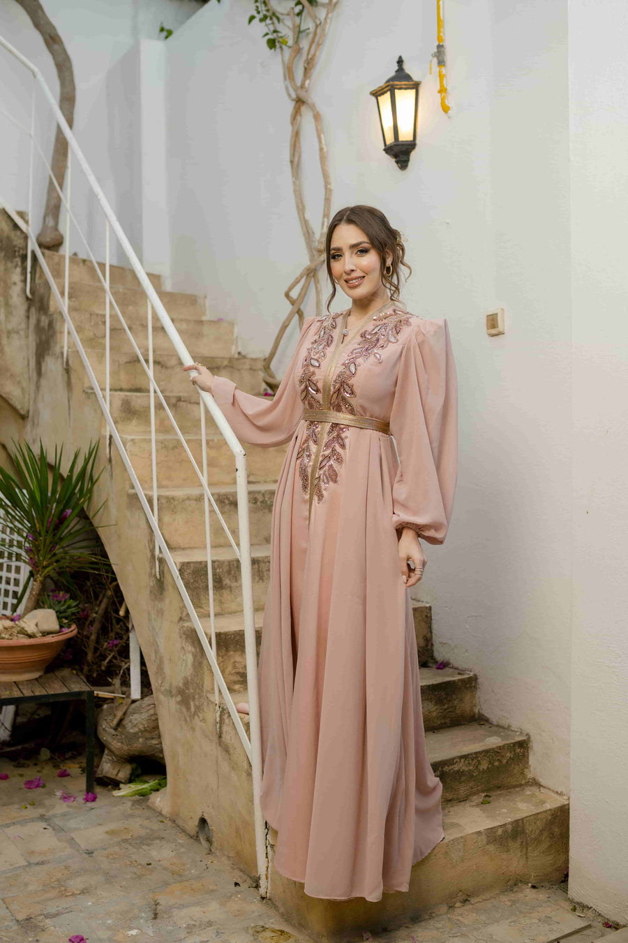Caftan Satin et Mousline Rose Nude