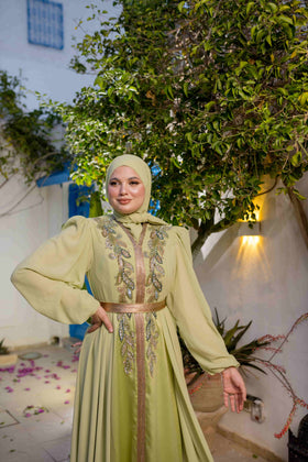 Caftan Satin et Mousline Vert