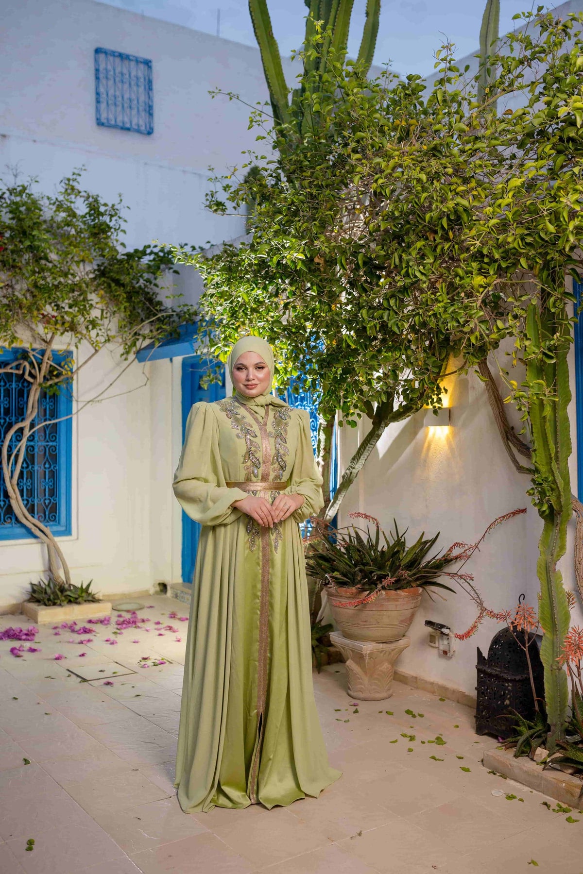 Caftan Satin et Mousline Vert