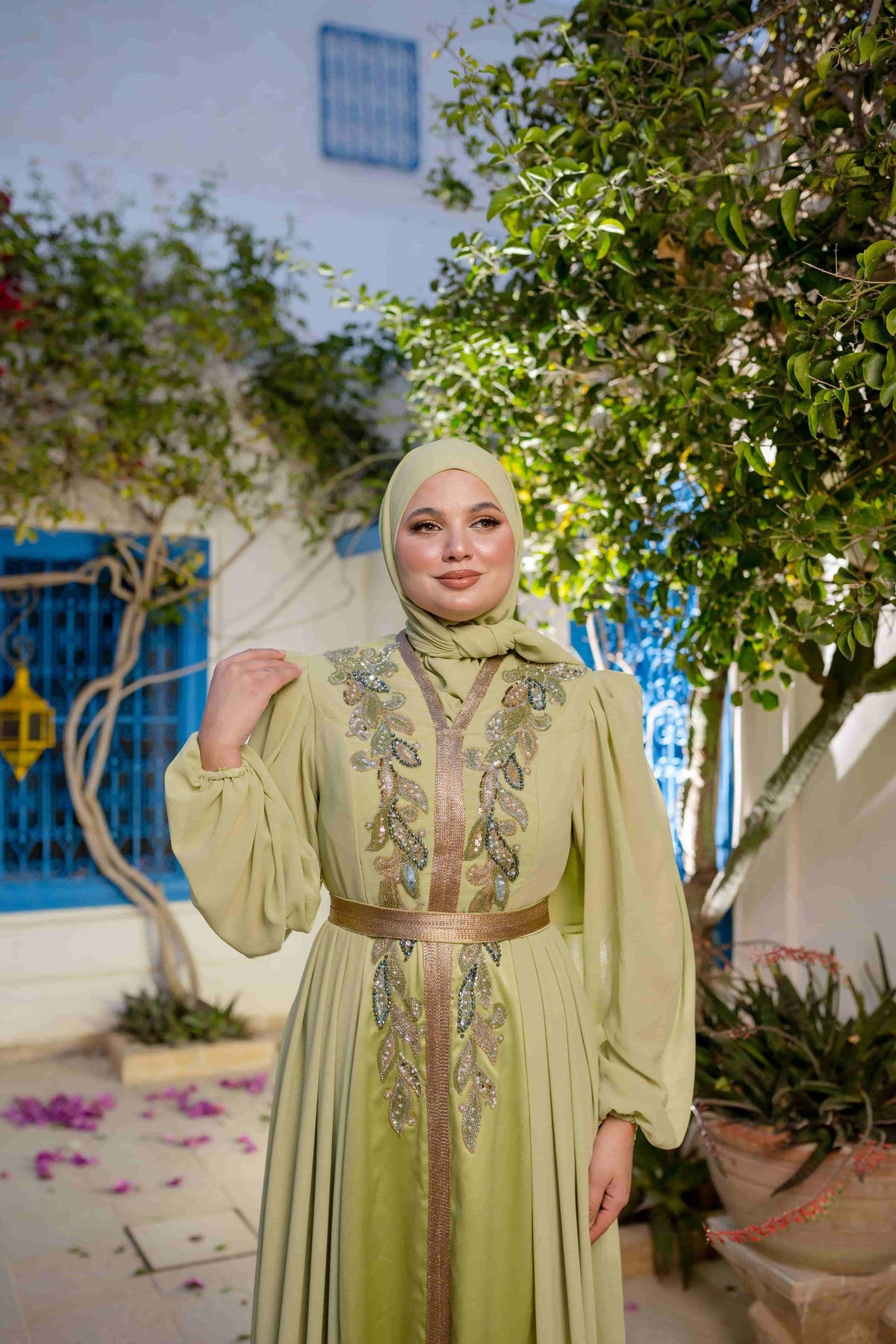 Caftan Satin et Mousline Vert