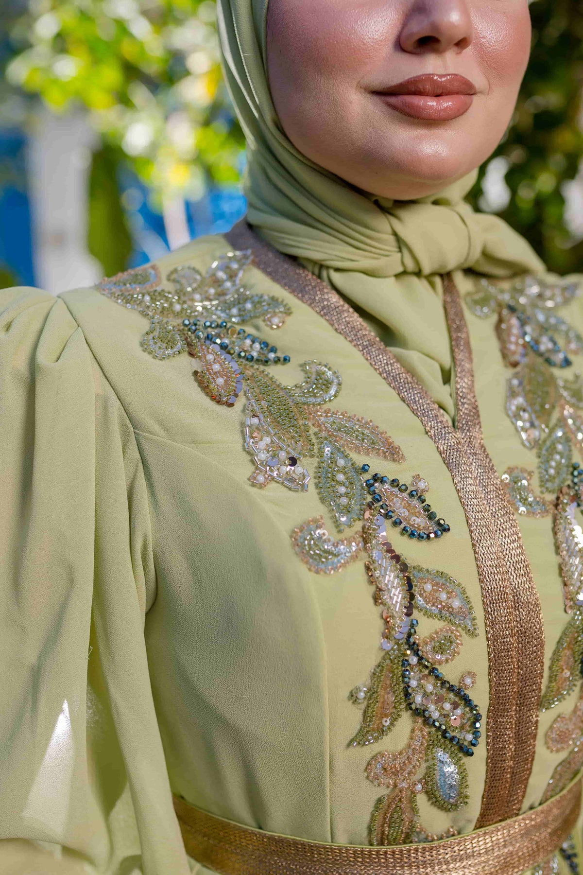 Caftan Satin et Mousline Vert