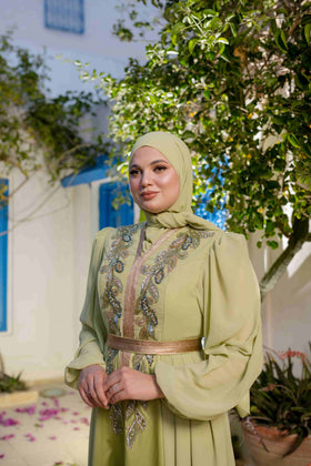Caftan Satin et Mousline Vert