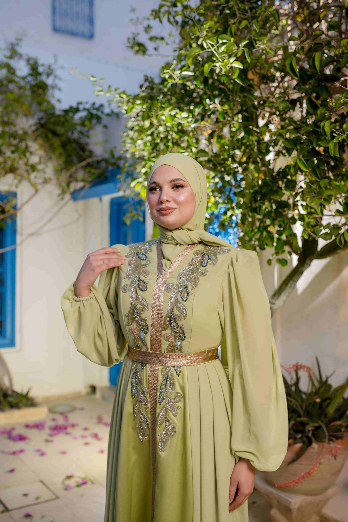 Caftan Satin et Mousline Vert