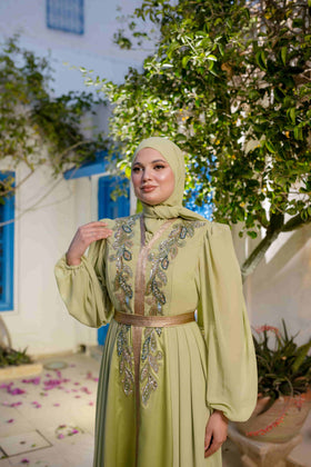 Caftan Satin et Mousline Vert