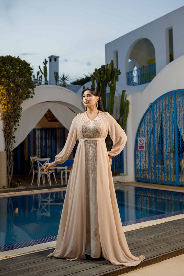 Robe Satin et Mousseline Beige
