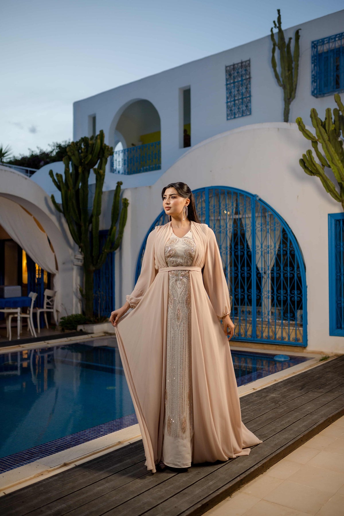 Robe Satin et Mousseline Beige