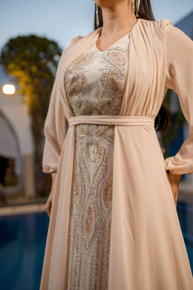 Robe Satin et Mousseline Beige