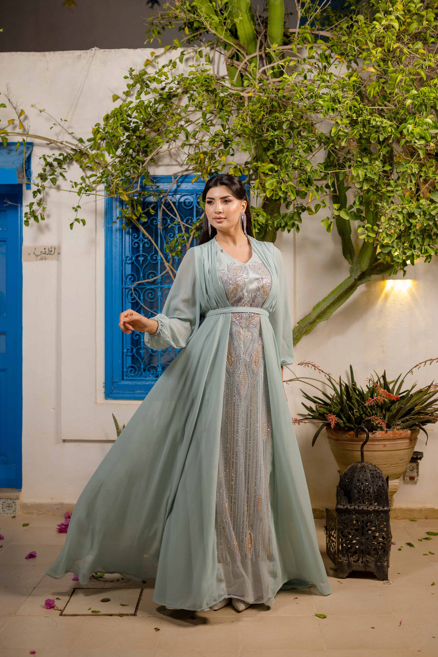 Robe Satin et Mousseline Bleu Turqouise
