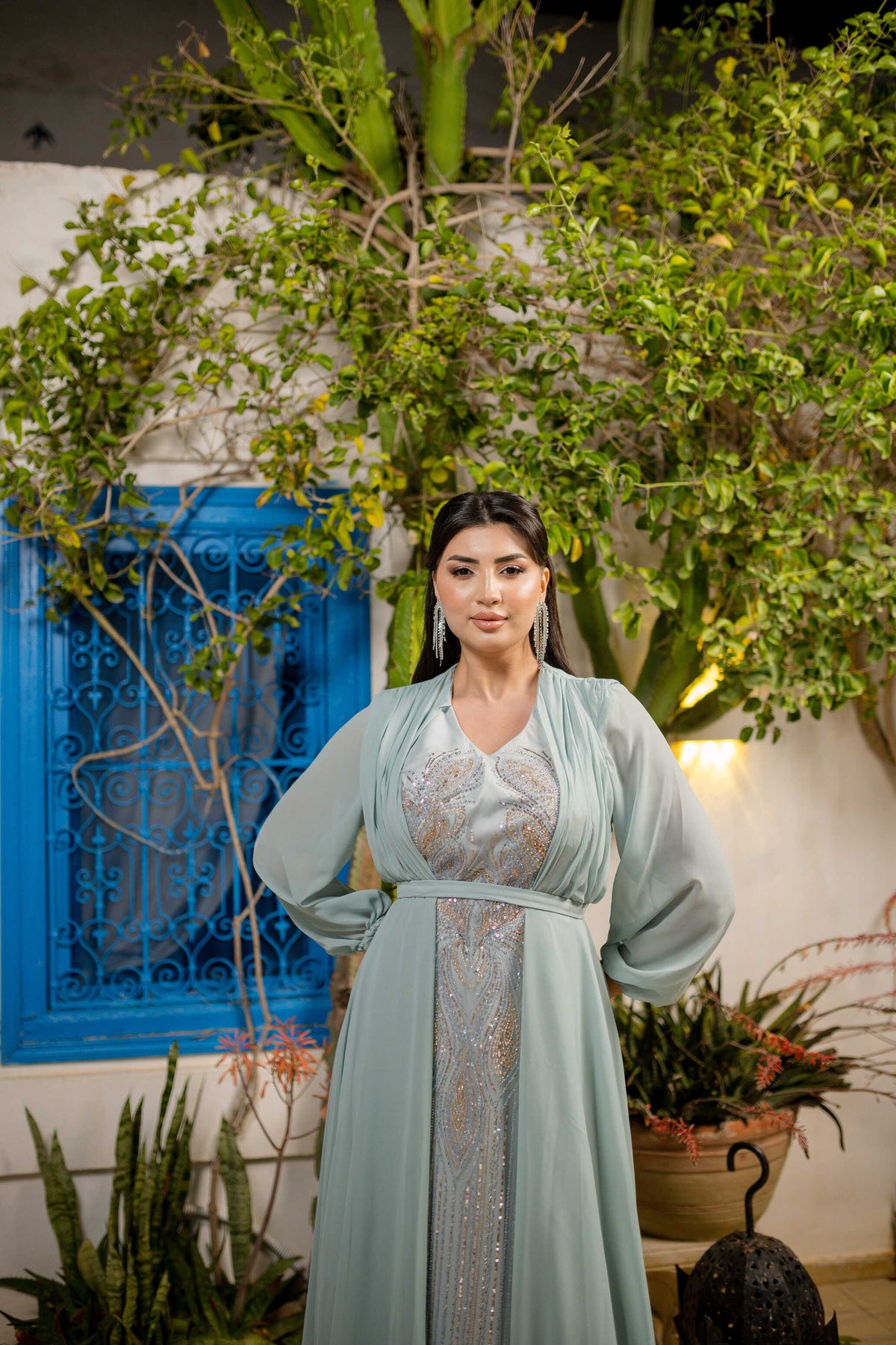 Robe Satin et Mousseline Bleu Turqouise