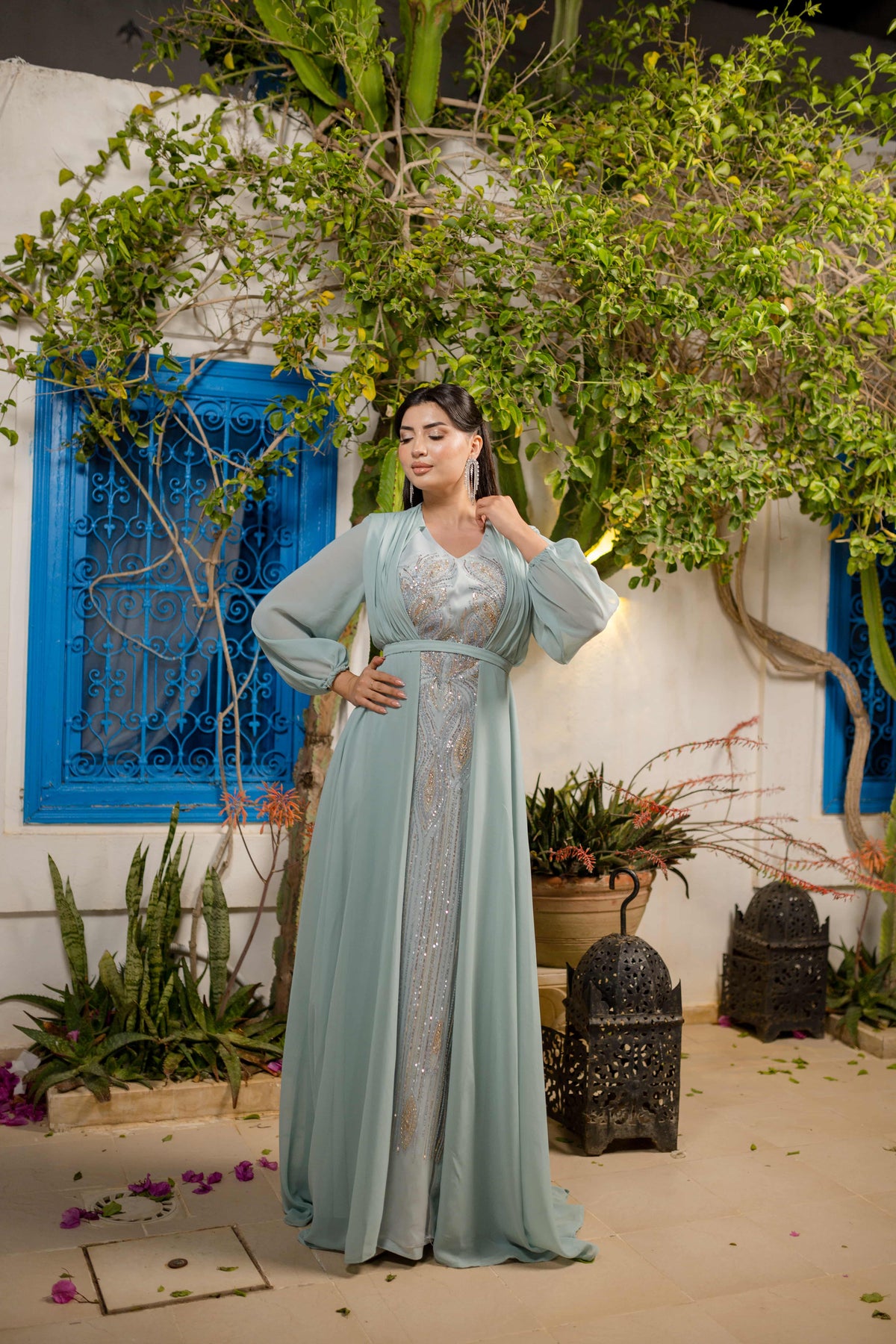 Robe Satin et Mousseline Bleu Turqouise