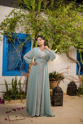 Robe Satin et Mousseline Bleu Turqouise